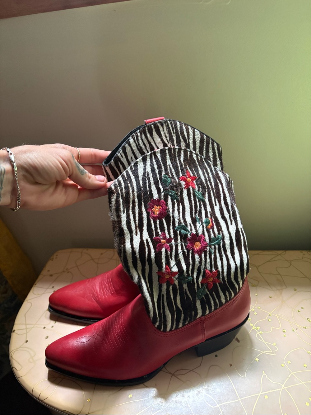 Naked Feet Red Leather Cowboy Boots with Zebra Floral Shaft